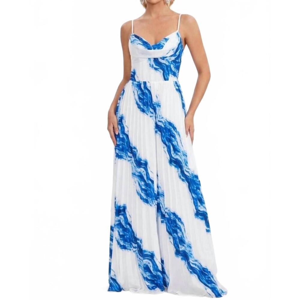 NEW CHICWAYS abstract print pleated maxi jumpsuit in blue
